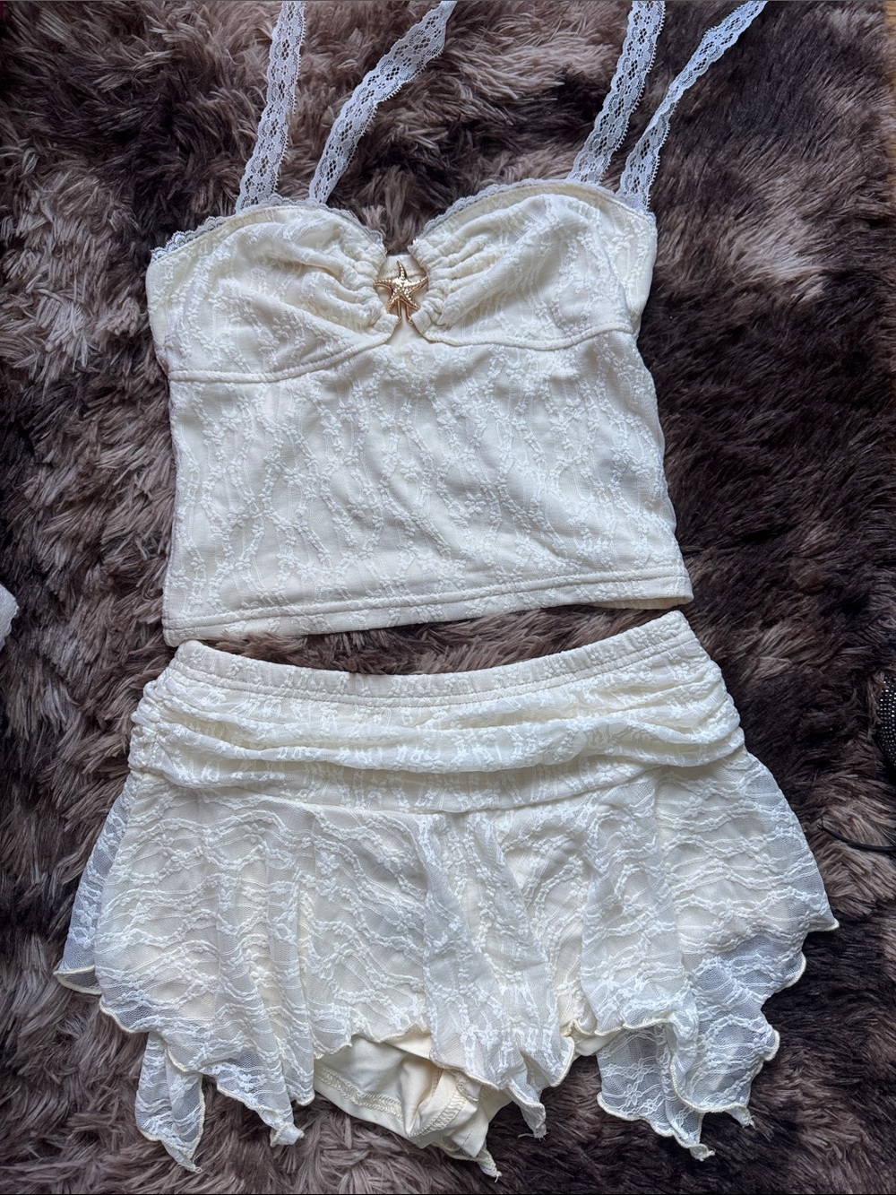 SHEIN Ivory Lace Camisole & Ruffle Short Sleep Set